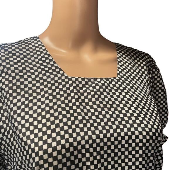 Handmade Babydoll Retro Midi DRESS Women M Black Checkered Stretch Elastic Waist - Picture 3 of 11